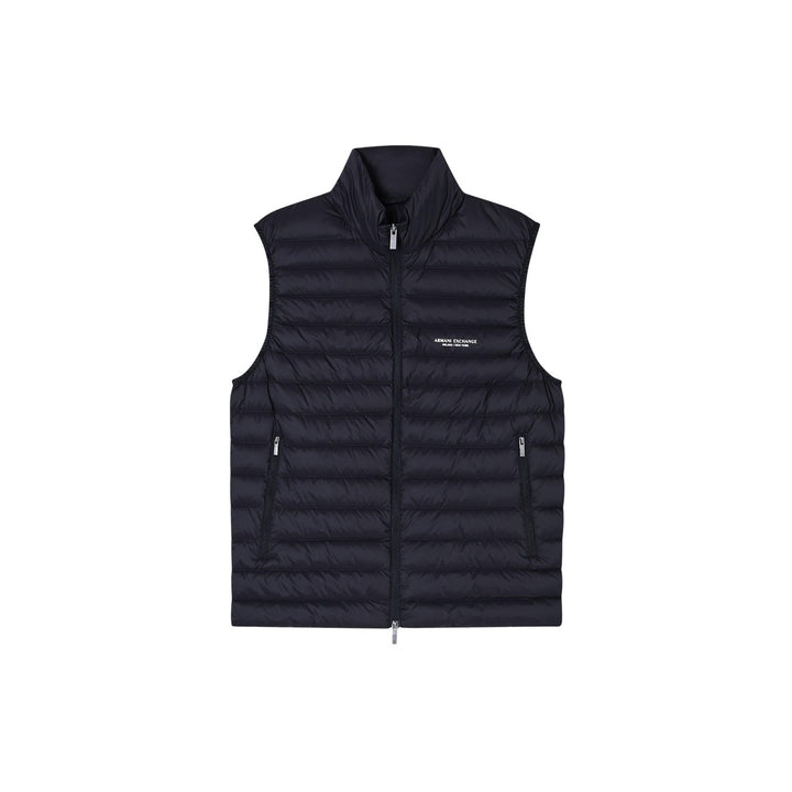 Image 1 : Gilet matelassé Armani Exchange homme bleu marine, col montant et fermeture éclair centrale, vue de face fond blanc — Delvale