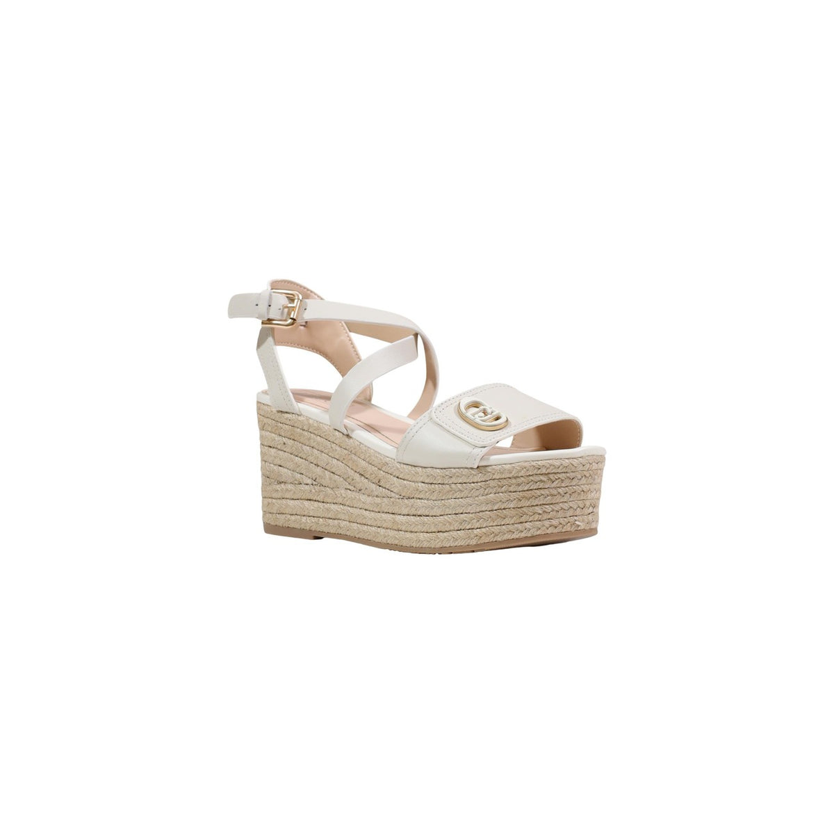 Image 2 : Sandales compensées Liu Jo femme, brides croisées à la cheville avec boucle dorée et semelle espadrille en corde naturelle tressée — Delvale