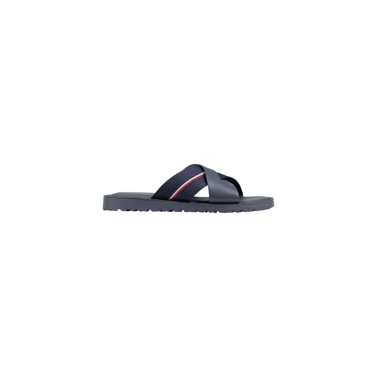 Image 1 : Mules homme Tommy Hilfiger en cuir grainé marine, bandes croisées avec ruban tricolore signature, vue de profil gauche — Delvale