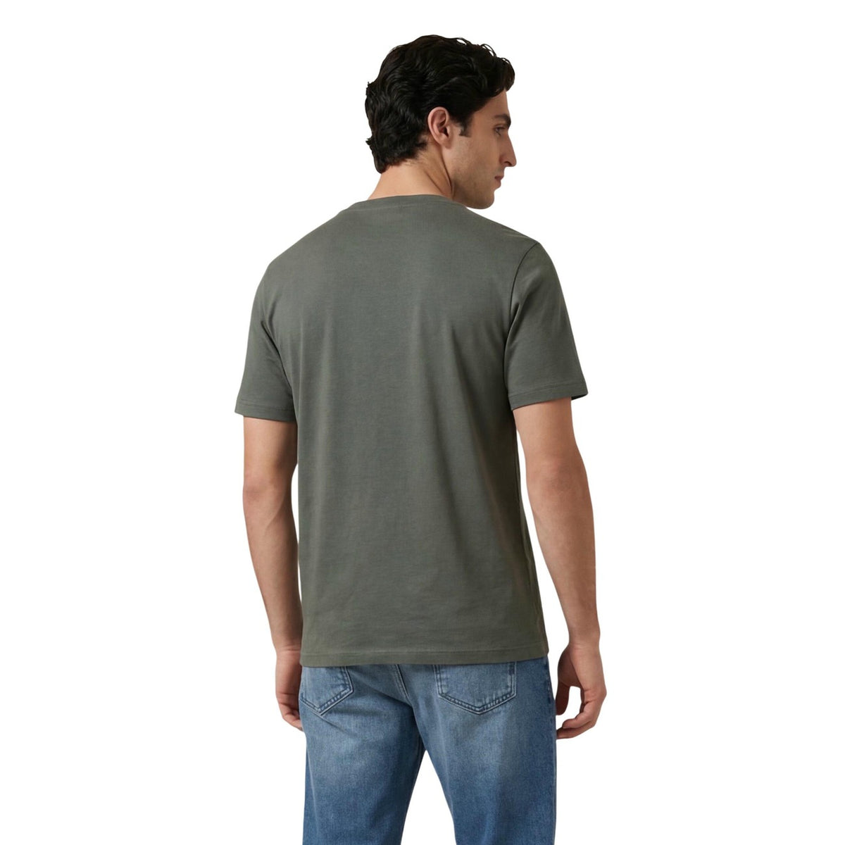 Image 2 : T-shirt Antony Morato col rond kaki porté avec un jean bleu, coupe ajustée manches courtes, vue frontale — 9yvwh4-xt
