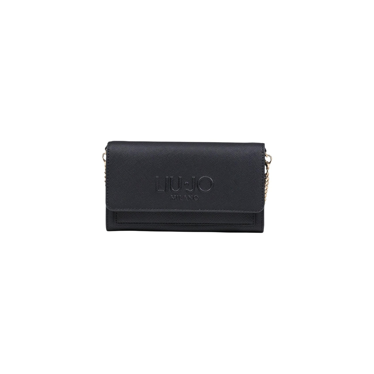 Image 1 : Pochette bandoulière Liu Jo Milano femme noire en polyuréthane saffiano avec chaîne dorée et logo embossé, vue de face — Delvale