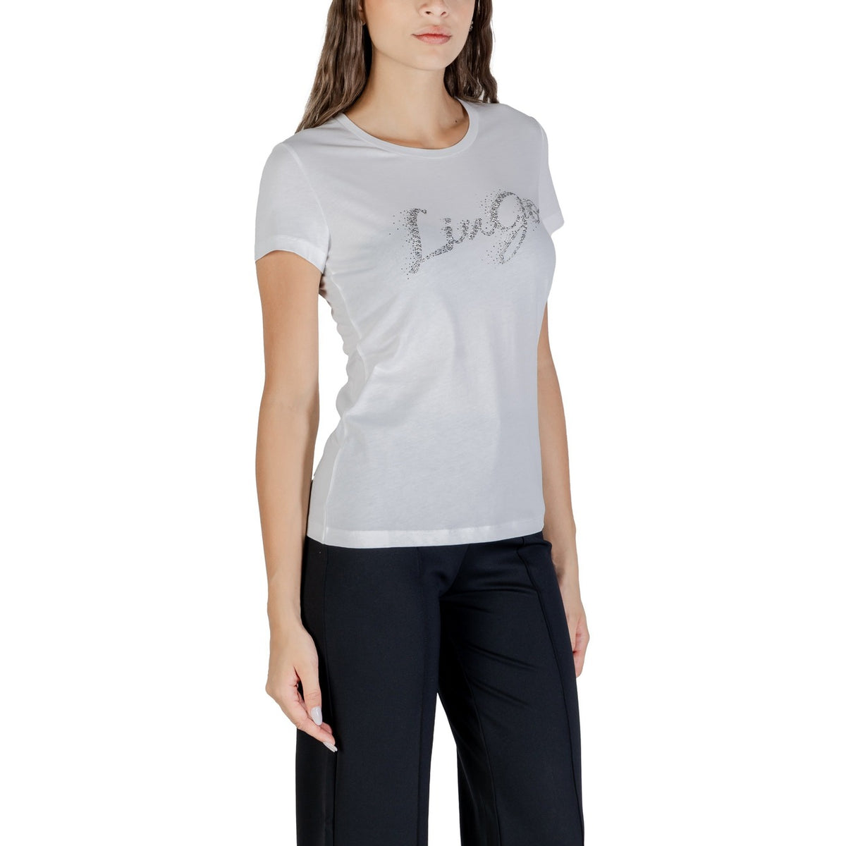 Image 3 : Détail logo strass argenté écriture cursive Liu Jo sur t-shirt blanc femme — Delvale