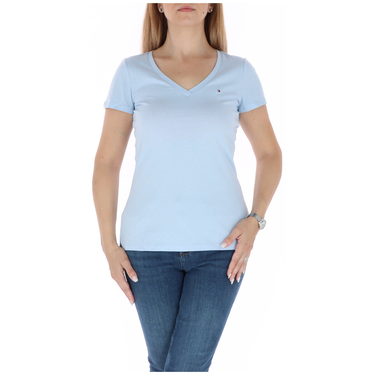 Image 1 : T-shirt Tommy Hilfiger femme bleu azur avec col V et manches courtes en coton — Delvale