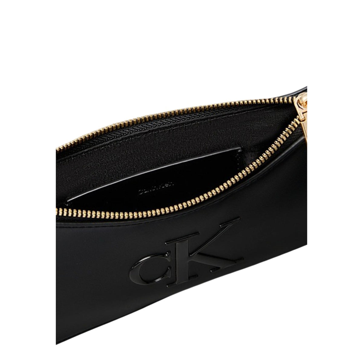 Image 3 : Profil demi-lune du sac baguette Calvin Klein noir avec fermeture zip dorée contrastante — Delvale