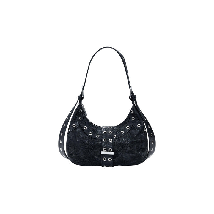 Image 1 : Sac hobo Desigual noir avec motif feuillage gaufré et rangée d'œillets décoratifs — delvale