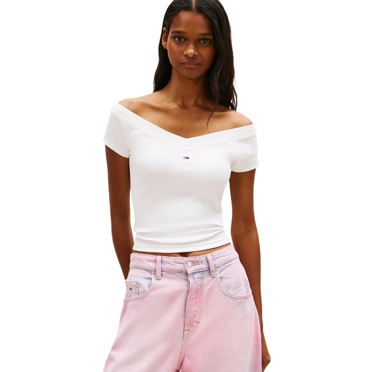 Image 1 : Top beige Tommy Hilfiger Jeans femme à manches courtes et encolure bateau — Delvale