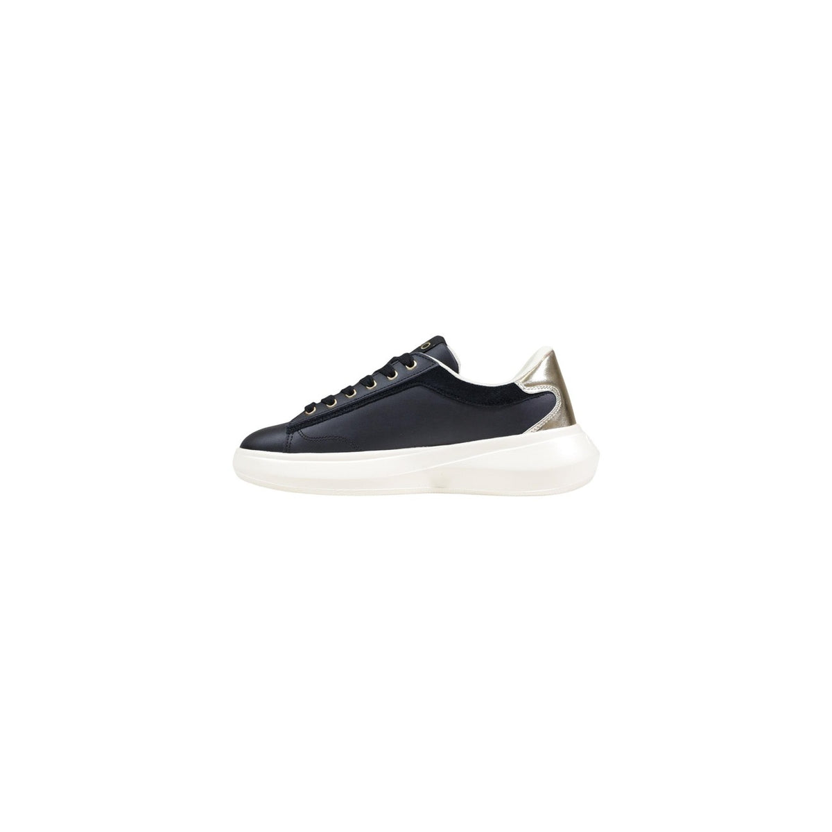 Image 3 : Chaussure Liu Jo femme noir et or, semelle épaisse blanche, détail contrefort doré et insert daim — Delvale