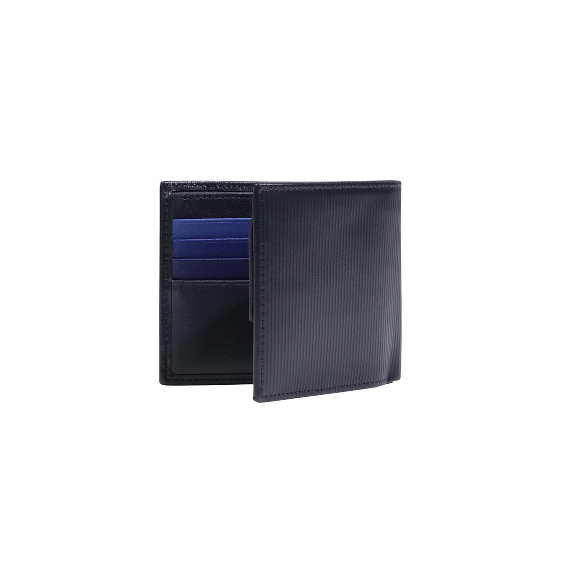 Image 4 : Portefeuille Tommy Hilfiger homme cuir texturé navy fermé, format compact bi-fold, présentation sur fond blanc — Delvale