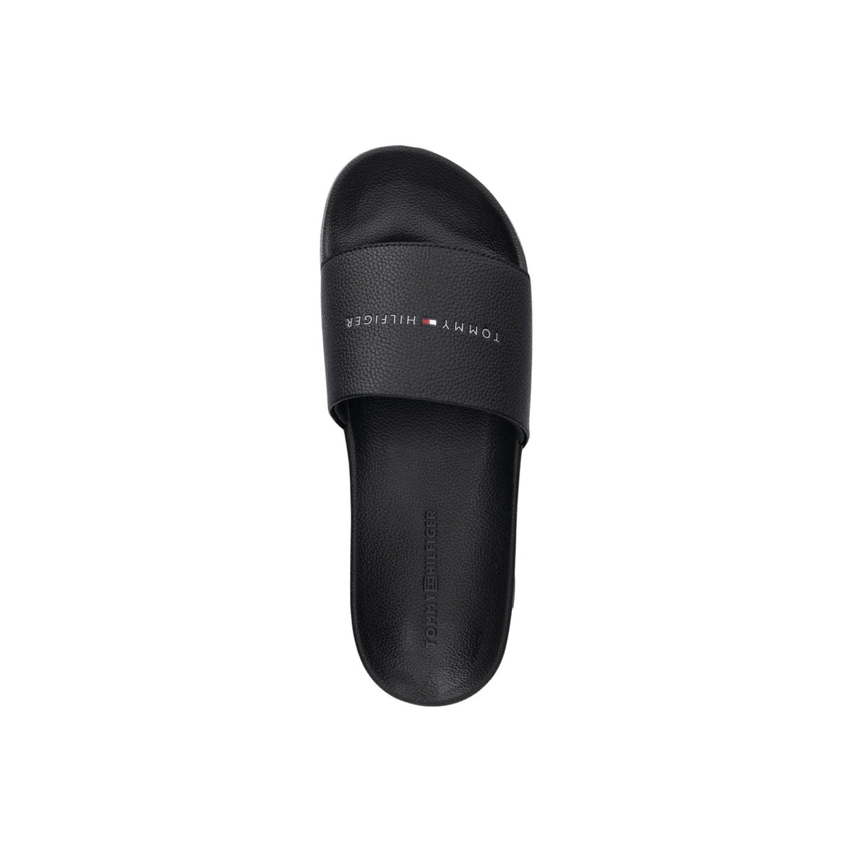 Image 2 : Mule Tommy Hilfiger homme noire, détail du bandeau en polyuréthane grainé façon cuir et inscription de la marque — Delvale