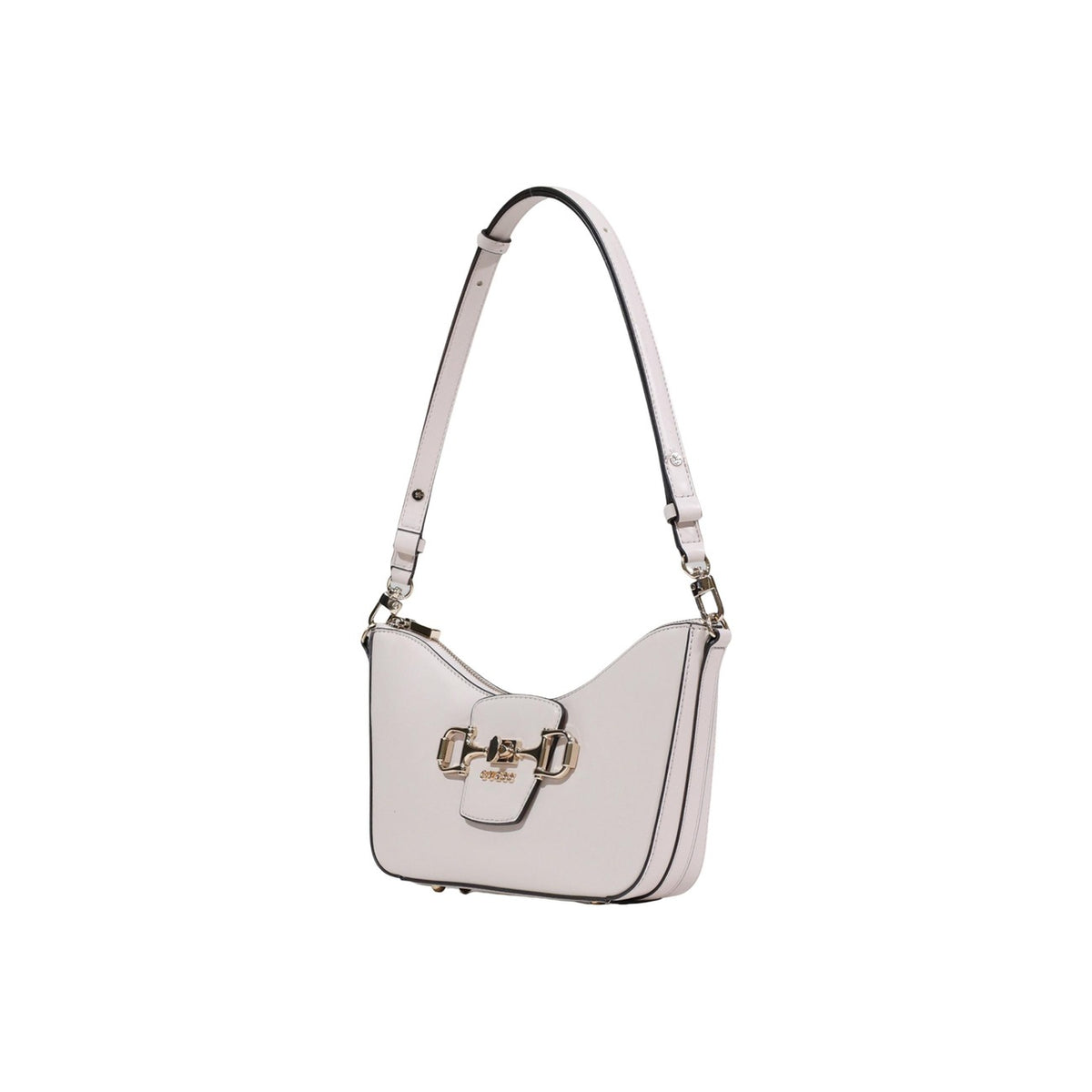 Image 2 : Détail de la fermeture twist cadenas doré et du logo Guess en relief sur le sac baguette blanc cassé — Delvale