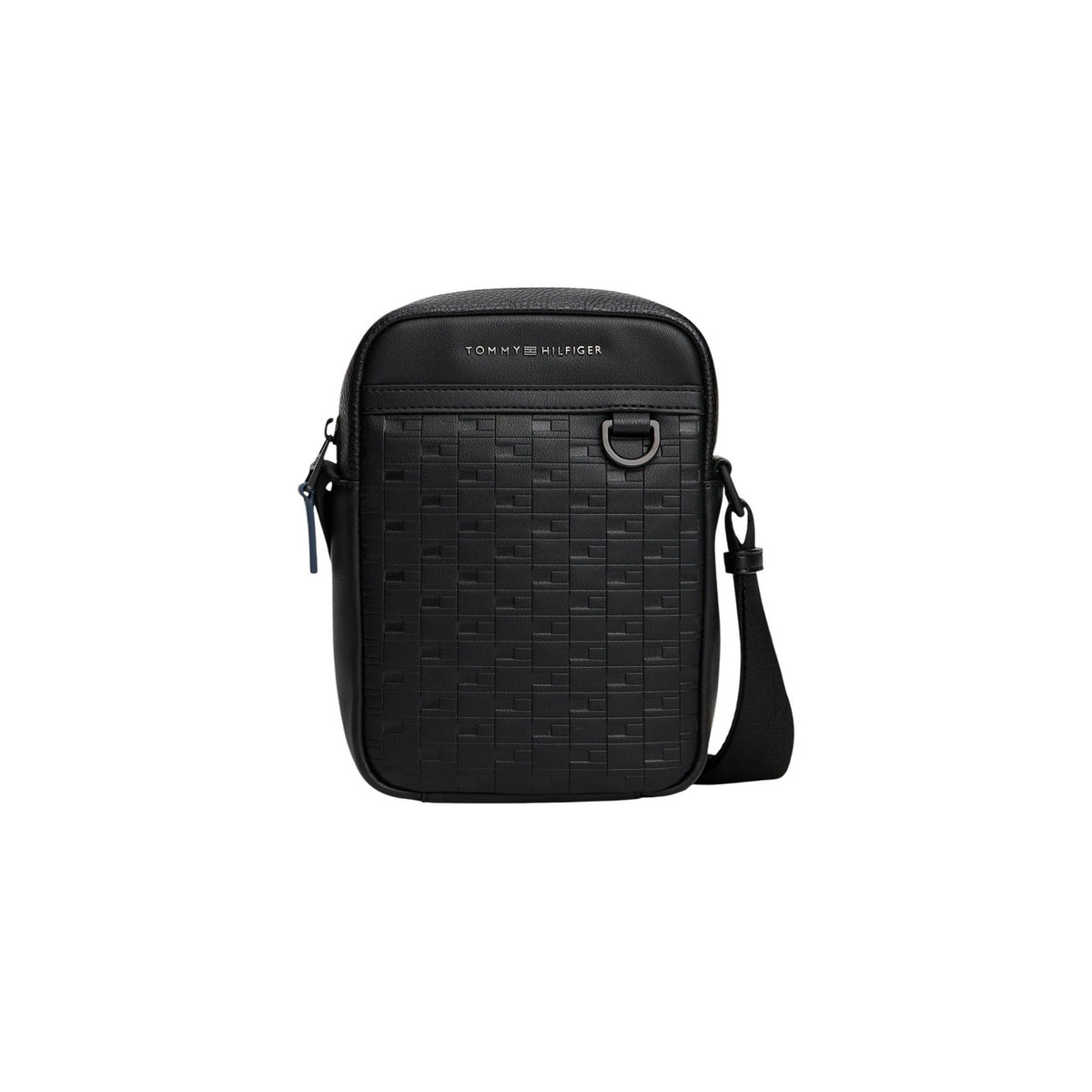 Image 1 : Sacoche Tommy Hilfiger homme noir monogramme TH gaufré zip métal sombre sangle tissée vue de face — Delvale