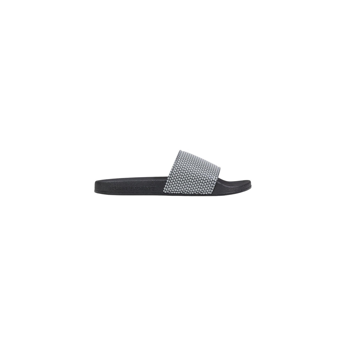 Image 1 : Mules Armani Exchange homme noires en PVC avec motif imprimé, vue de profil — Delvale