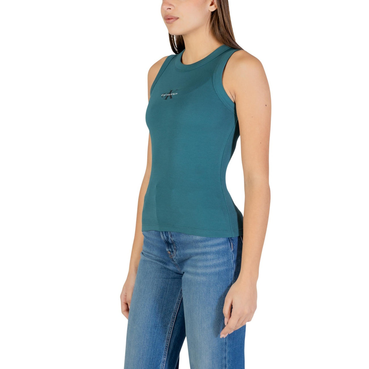 Image 3 : Tank top sans manches Calvin Klein Jeans femme vert, encolure ronde, texture côtelée visible, porté de face — Delvale