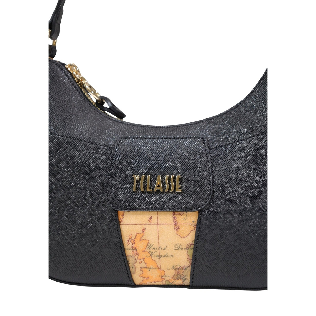 Image 3 : Détail du sac Alviero Martini Prima Classe, insert imprimé carte géographique contrasté sur fond noir saffiano, quincaillerie dorée — Delvale
