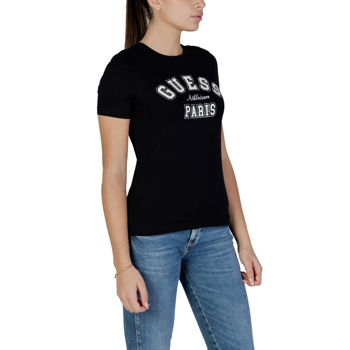 Image 3 : T-shirt Guess Active femme noir style athleisure avec détails strass argentés brillants — delvale