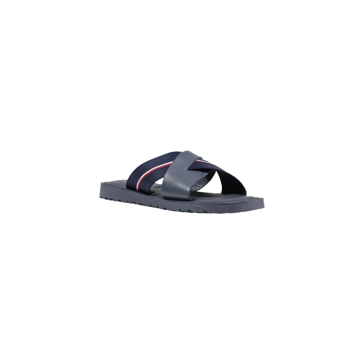 Image 2 : Mules Tommy Hilfiger homme cuir bleu marine, détail des bandes croisées et semelle crantée caoutchouc, fond blanc — Delvale
