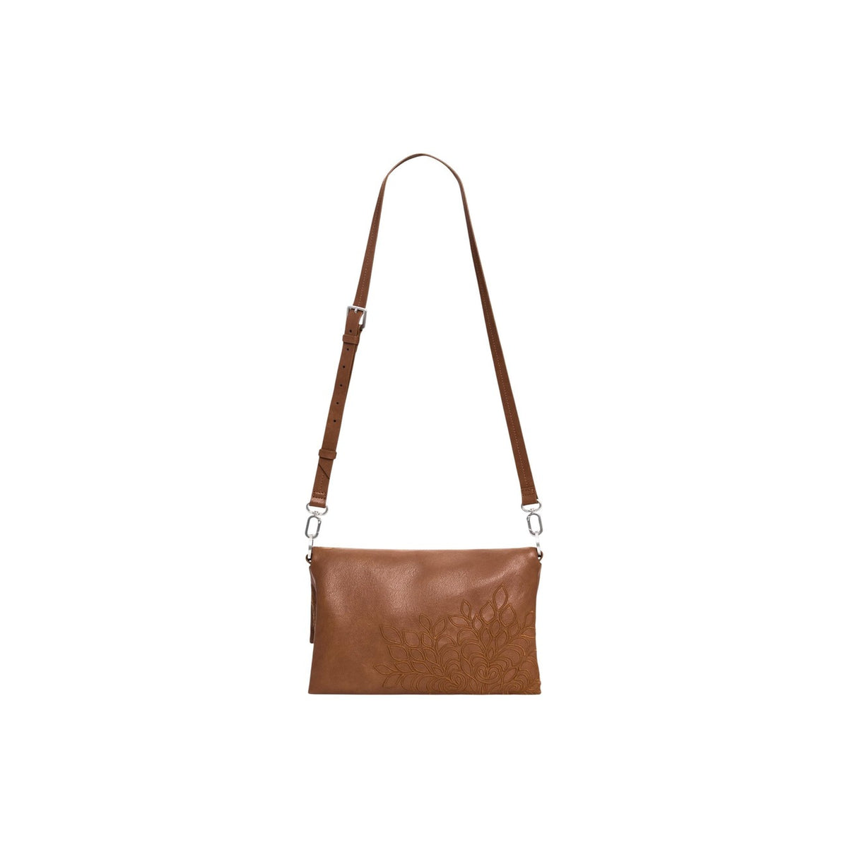 Image 3 : Desigual sac à main femme caramel feuillage gaufré bandoulière fine réglable mousquetons argentés — vue face — Delvale