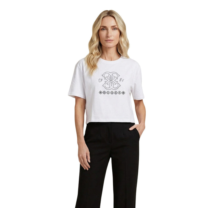 Image 1 : T-shirt crop Guess Active blanc avec monogramme G 1981 brodé au centre — delvale
