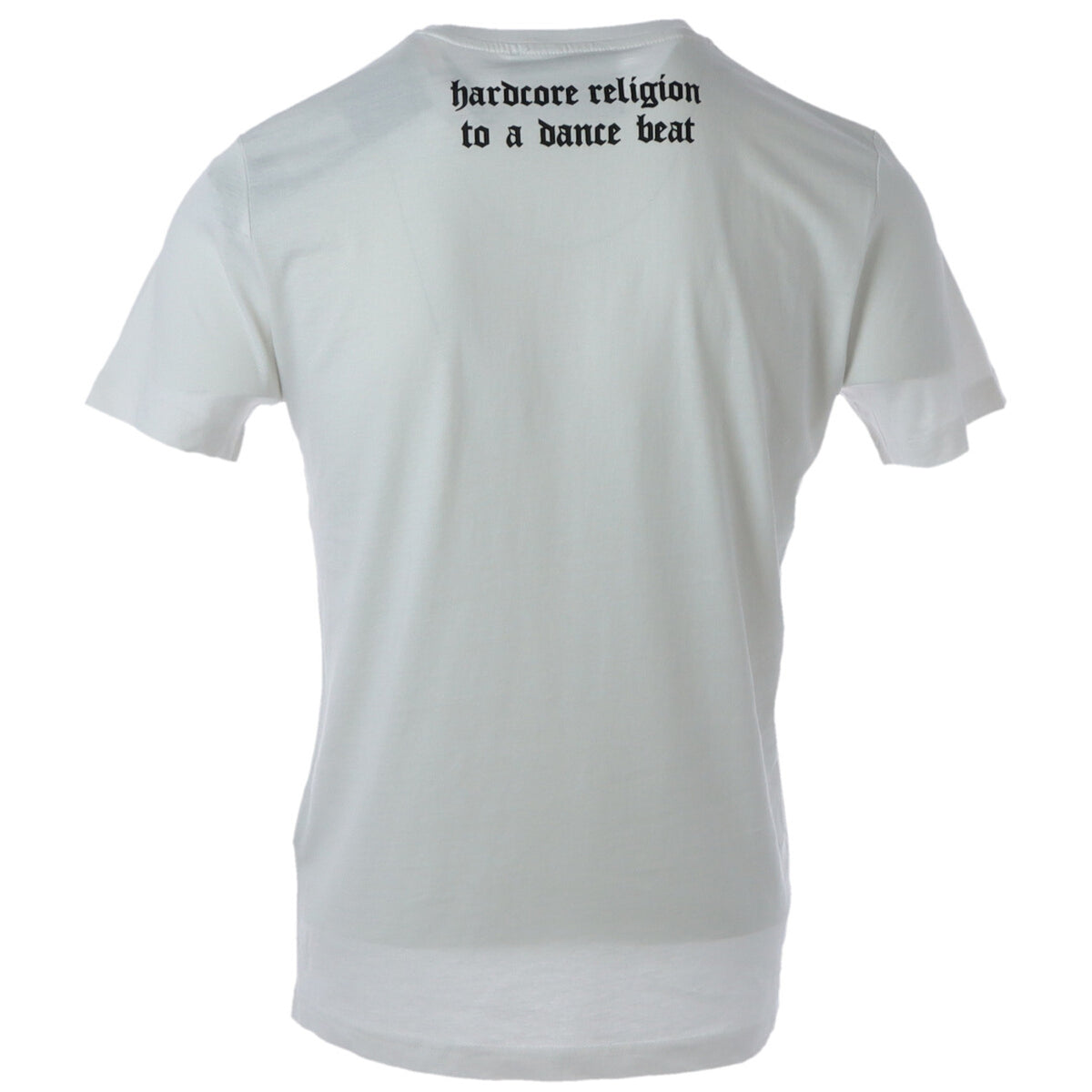 Image 2 : Détail de l'imprimé logo John Richmond en écriture gothique noire arquée sur fond blanc, t-shirt homme — Delvale