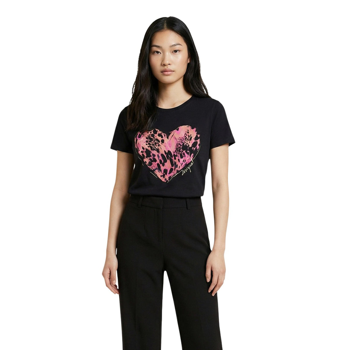 Image 1 : T-shirt Desigual femme noir avec motif imprimé, manches courtes et col rond — delvale