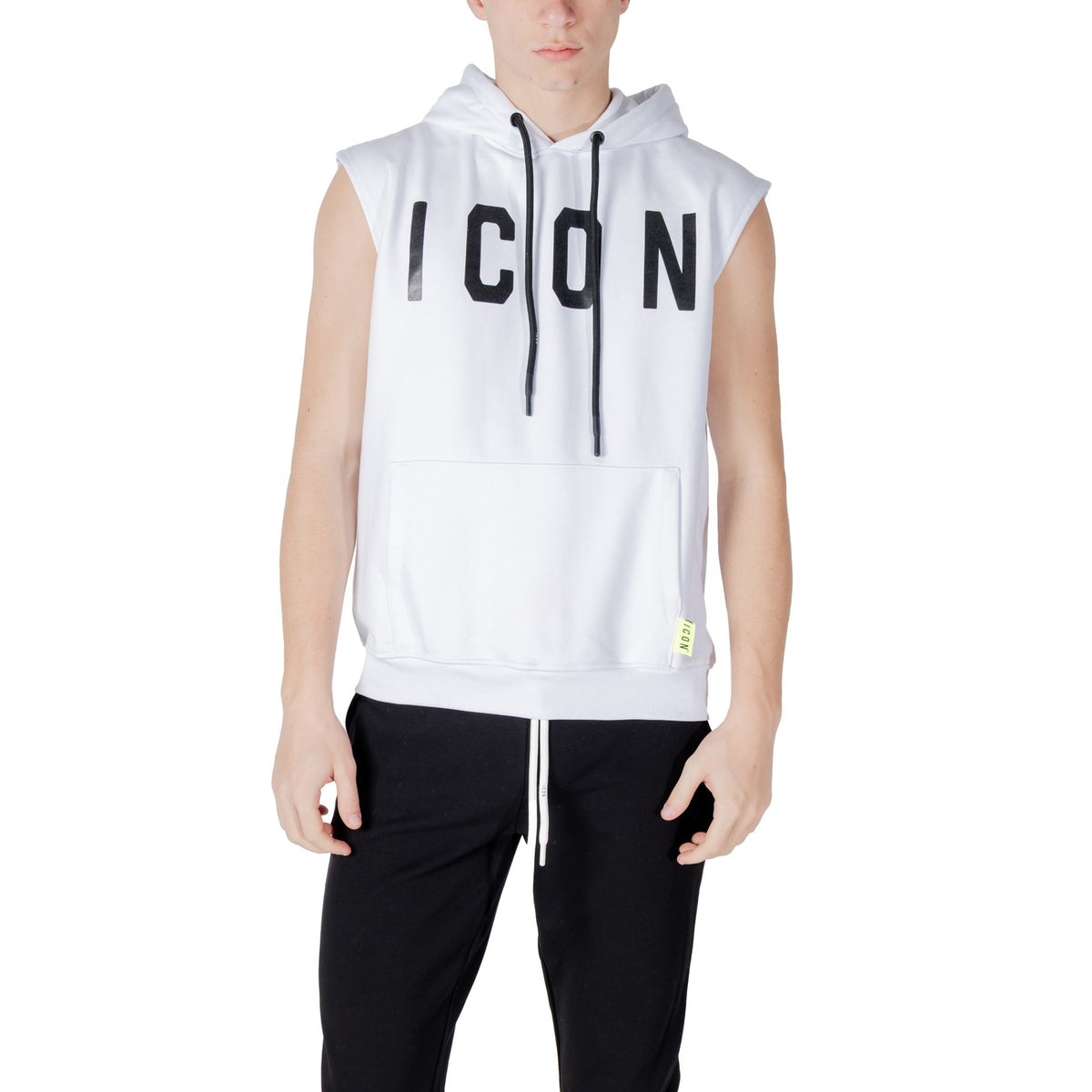 Image 1 : Sweat à capuche Icon homme blanc sans manches, vue de face — delvale