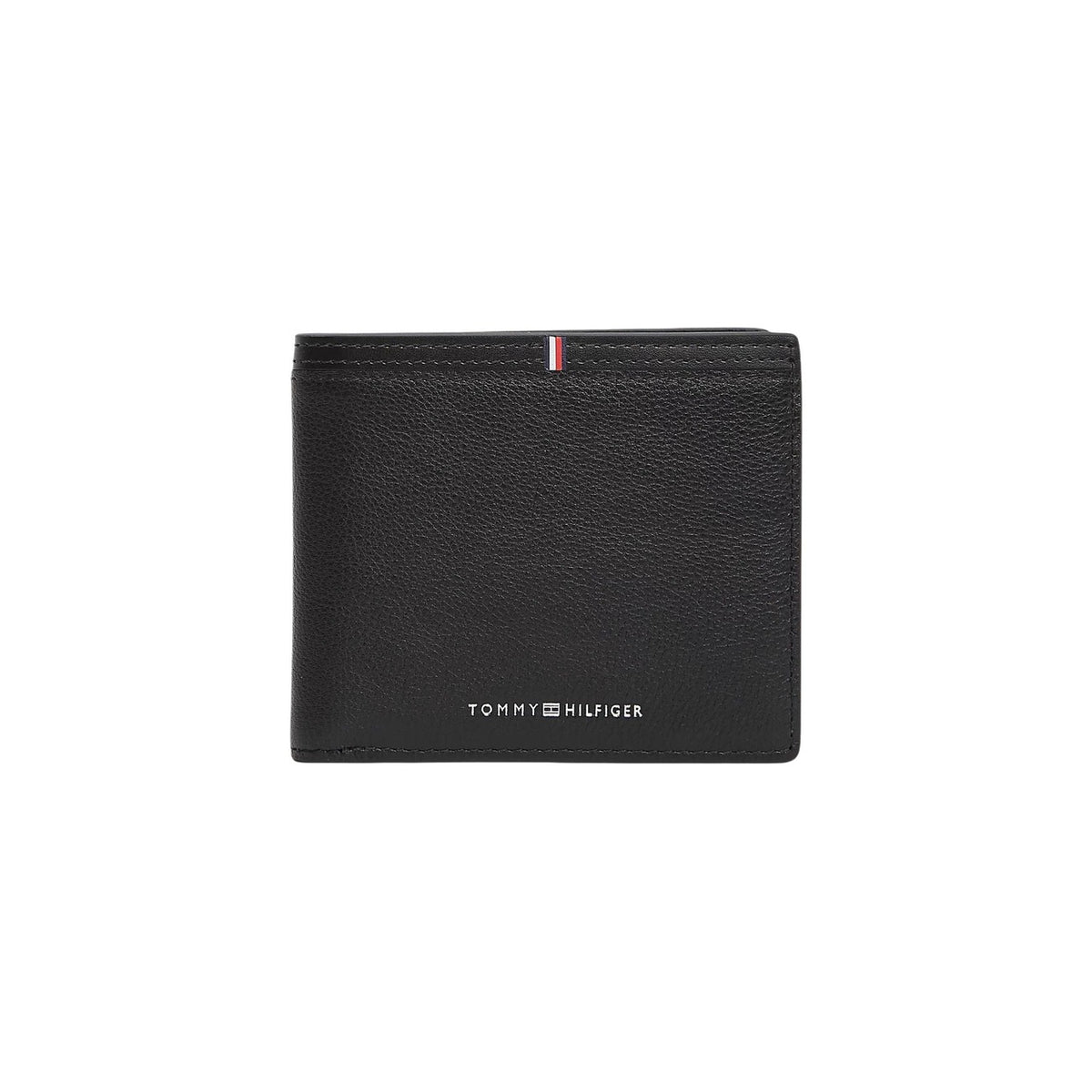 Image 1 : Portefeuille Tommy Hilfiger homme en cuir grainé noir, vue de face avec logo signature et bandelette tricolore — Delvale