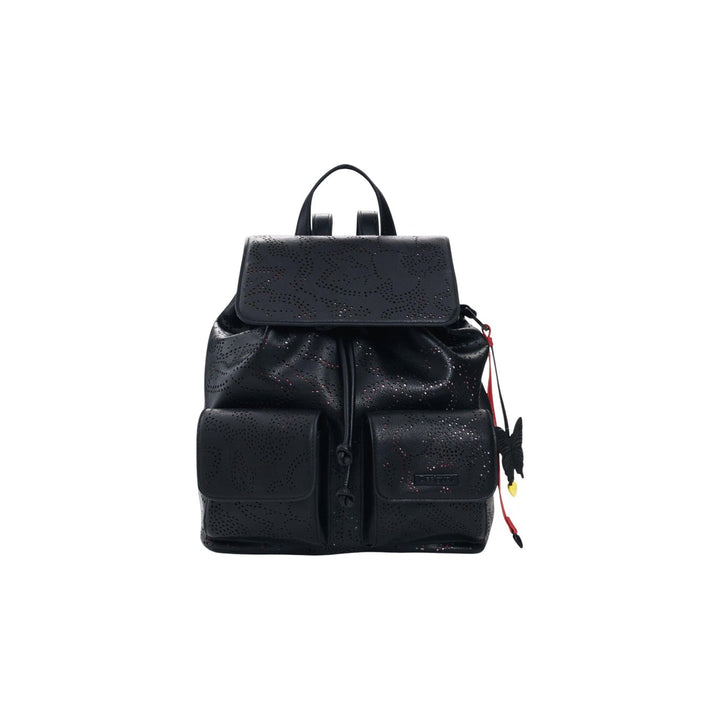 Image 1 : Sac à dos Desigual femme noir texturé pailleté effet frosted, vue de face avec poches frontales et breloques pop multicolores — Delvale