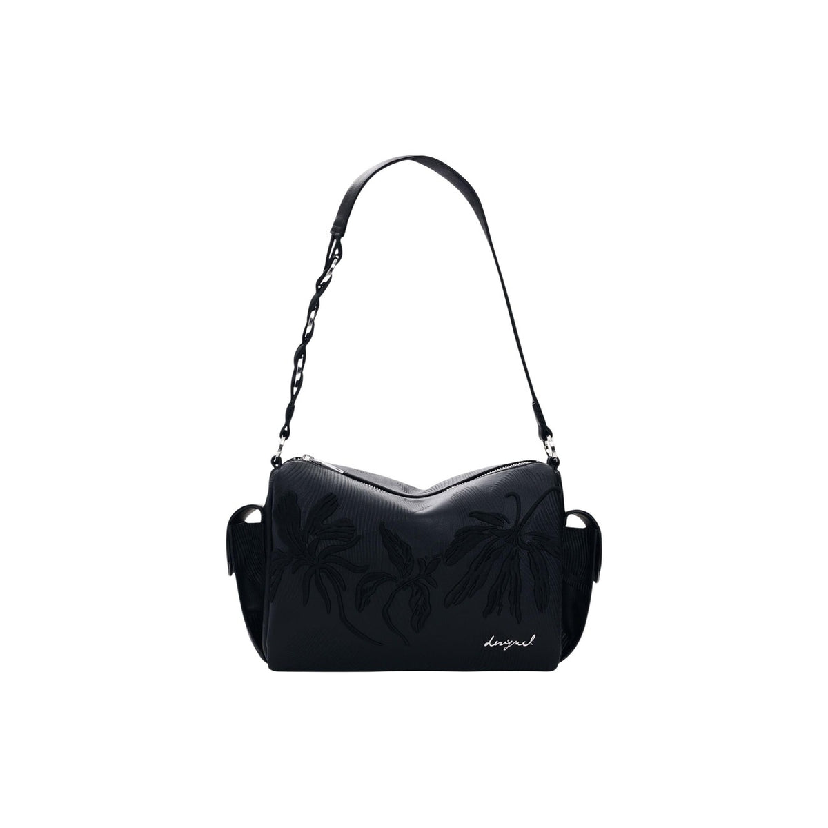 Image 1 : Sac à main Desigual noir avec palmiers gaufrés et double sangle chaîne argentée — delvale