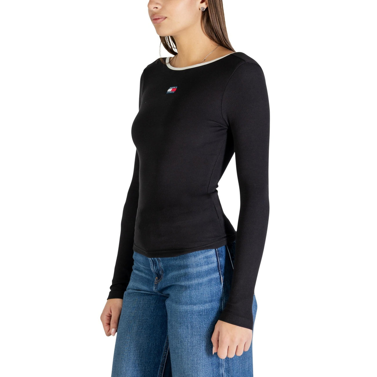 Image 2 : Pull femme noir Tommy Hilfiger Jeans coton organique manches longues vue face — delvale