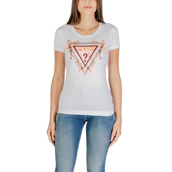 Image 1 : T-shirt Guess femme blanc avec imprimé moderne et manches courtes, coupe ajustée — delvale