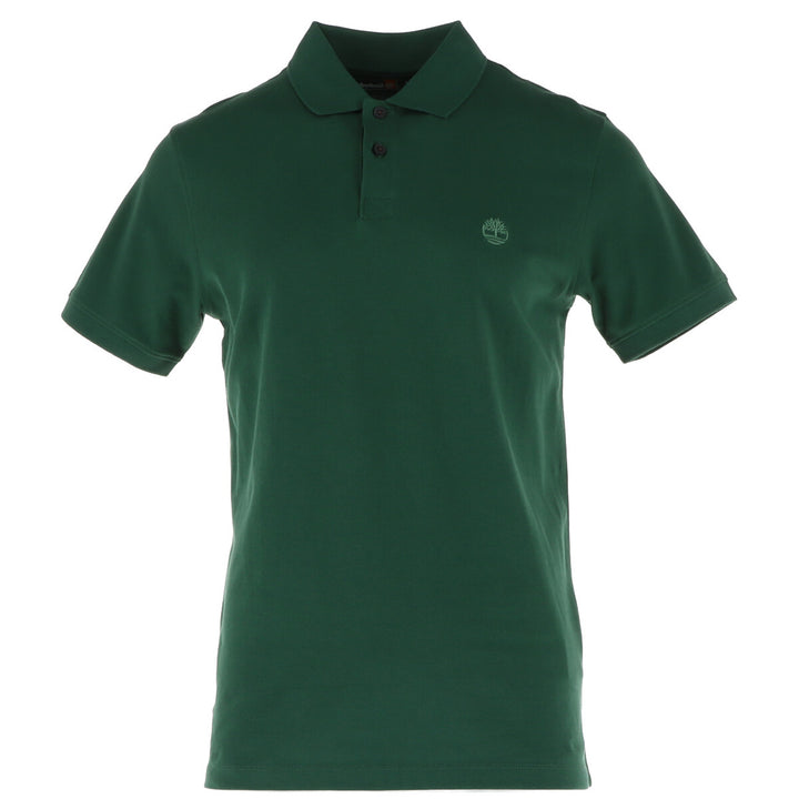 Image 1 : Polo homme Timberland manches courtes en piqué de coton vert sapin avec logo arbre brodé ton sur ton sur la poitrine, vue de face — Delvale