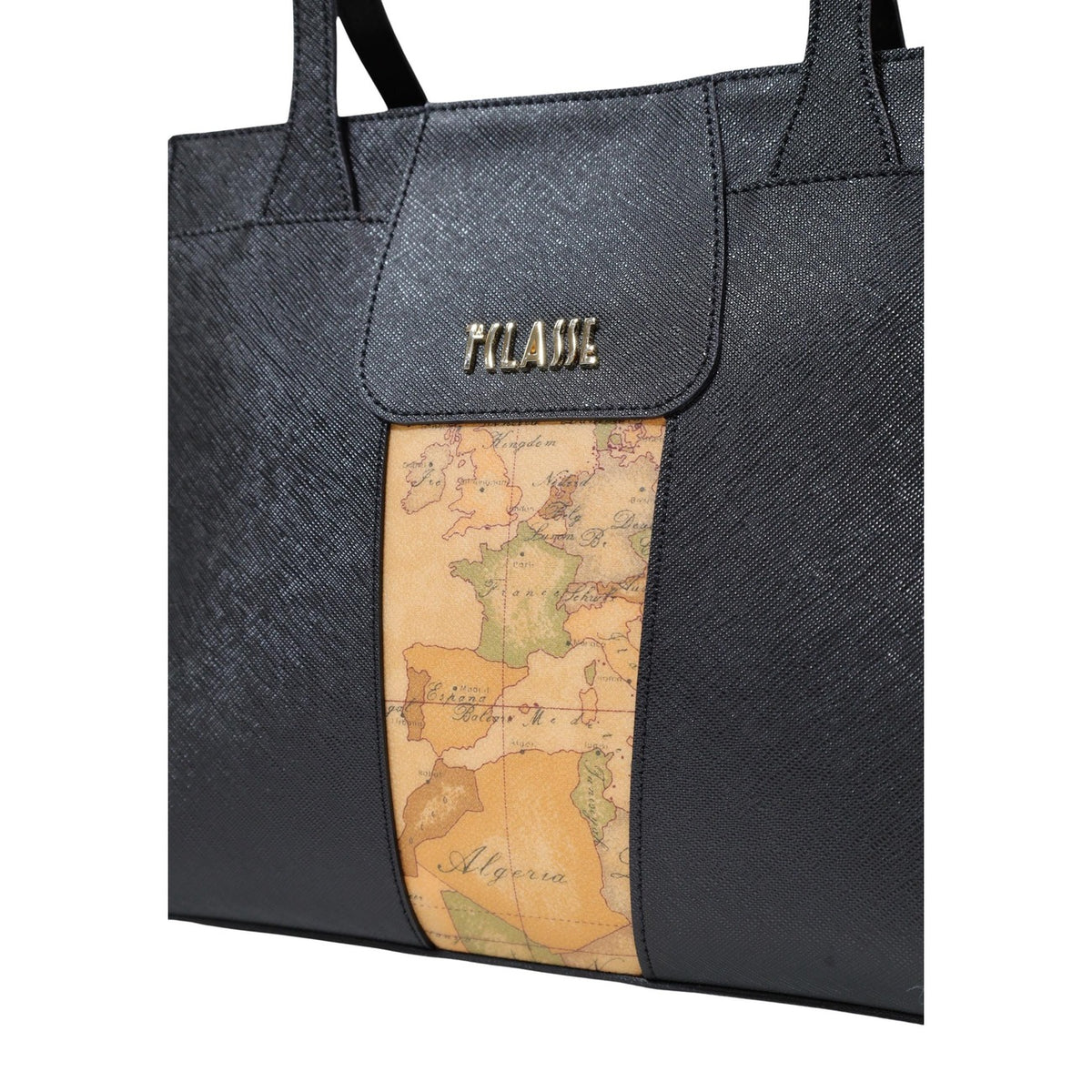 Image 2 : Sac à main Alviero Martini Prima Classe noir, anses doubles portées épaule, détail du motif géo et de la fermeture zippée — Delvale