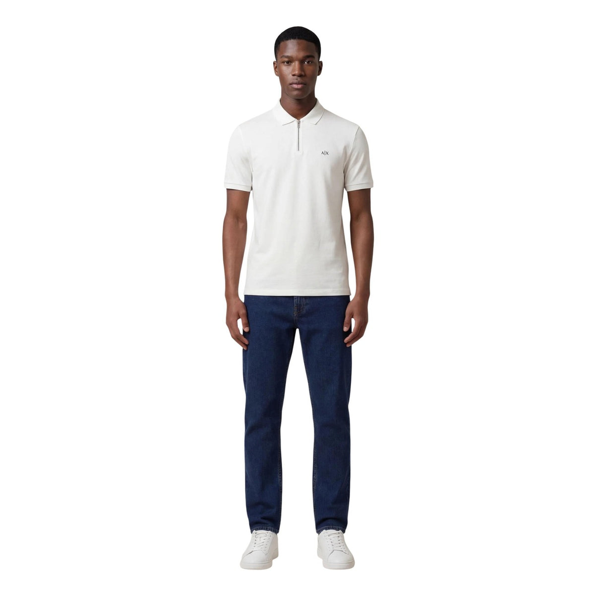 Polo Armani Exchange homme gris viscose stretch fermeture éclair — vue de face portée fond gris — Delvale