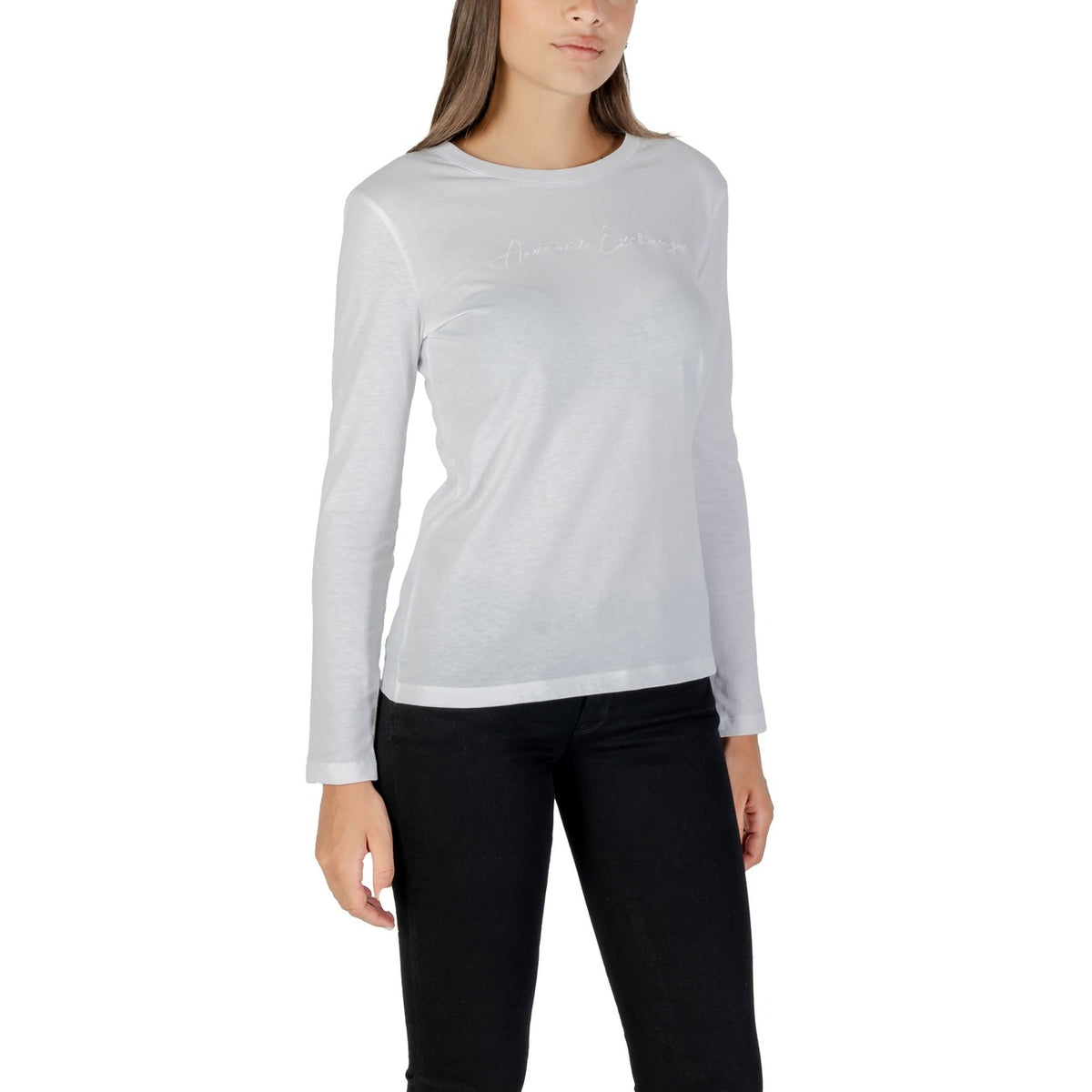 Image 3 : T-shirt blanc col rond Armani Exchange femme vue de profil élégance italienne — delvale