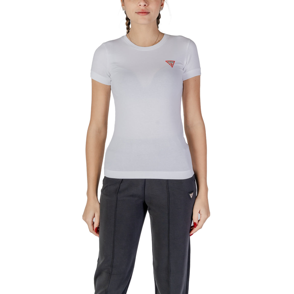 Image 1 : T-shirt femme Guess blanc col rond manches courtes en coton lycra — delvale