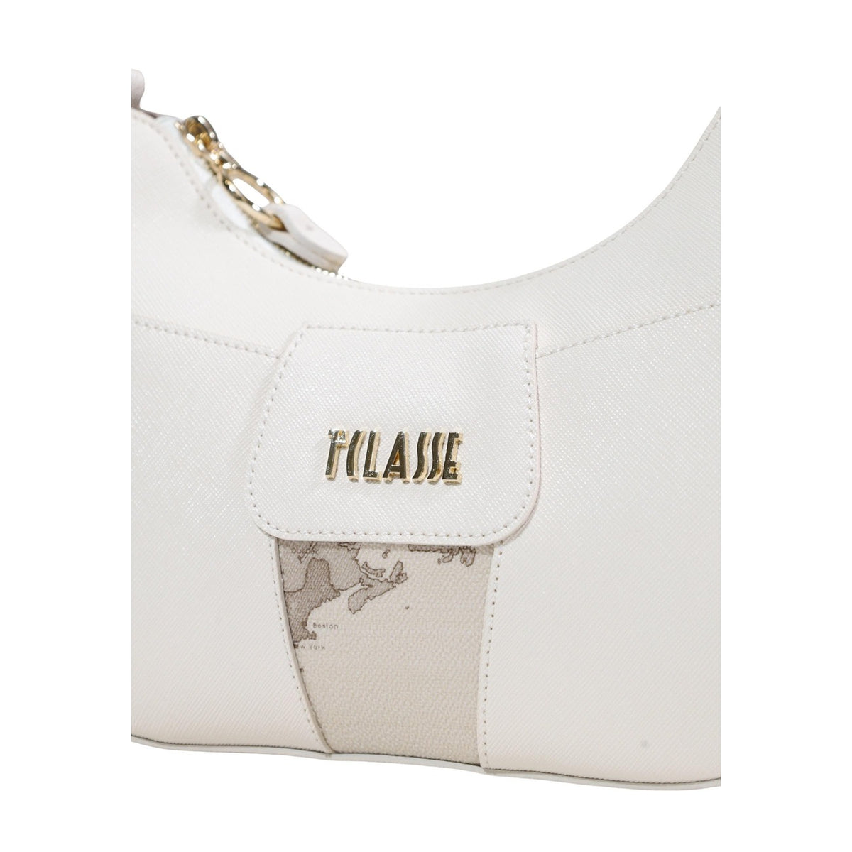 Image 2 : Détail de la bandoulière longue réglable en cuir blanc ivoire et de la fermeture zippée à curseur doré du sac Prima Classe — Delvale