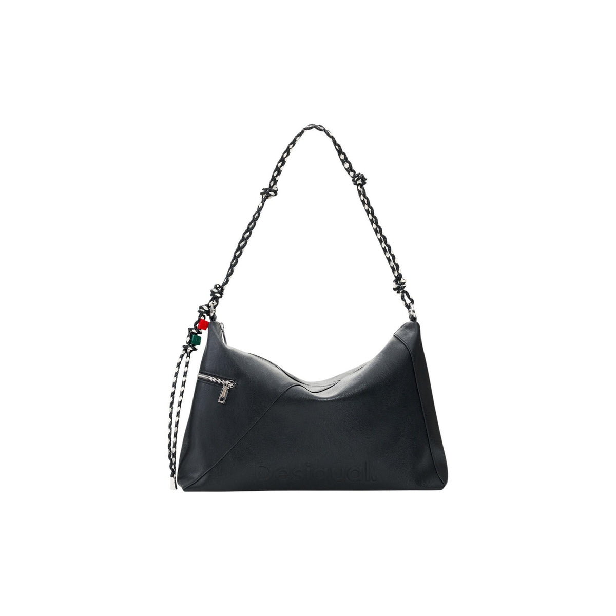 Image 1 : Grand sac à main Desigual noir forme trapèze avec anses chaîne et breloques colorées — delvale
