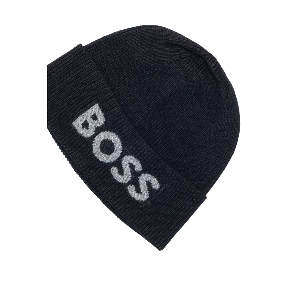 Bonnet Boss homme noir vue portée — détail logo Boss lettrage contrasté en façade