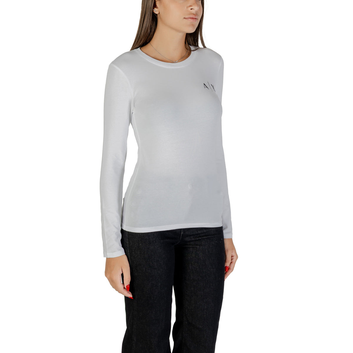 Image 3 : T-shirt blanc Armani Exchange femme avec manches longues et détails strass, détail des finitions — delvale