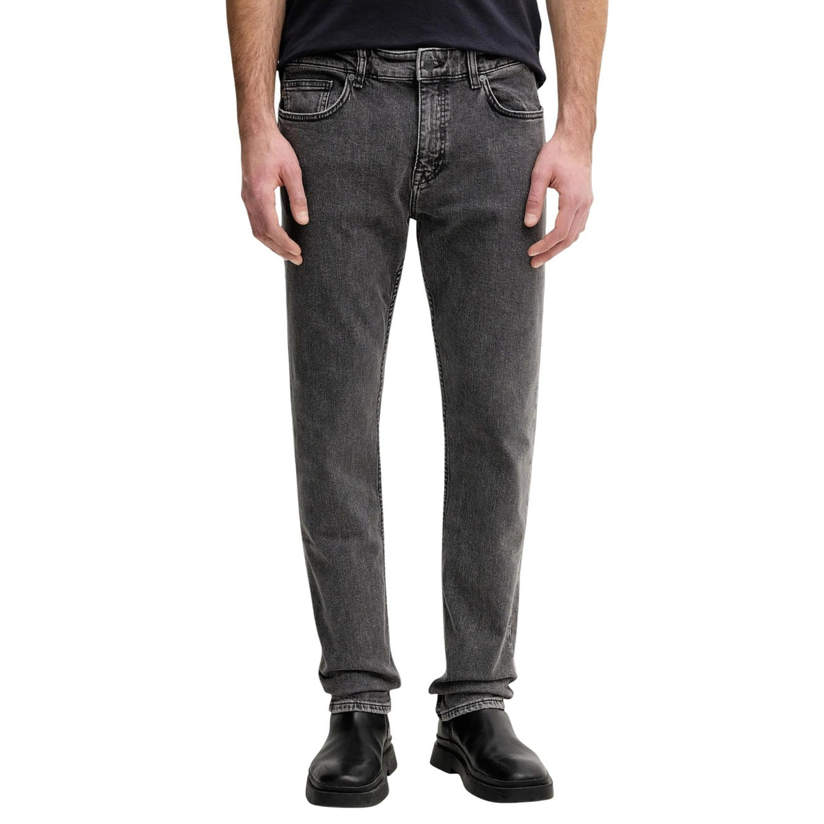 Jean Boss homme gris denim coupe droite fermeture zip bouton poches frontales vue face