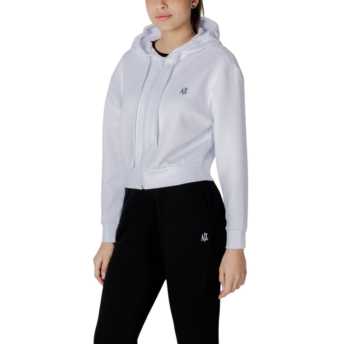 Image 2 : Sweat zippé à capuche crop Armani Exchange blanc femme, détail fermeture — Delvale