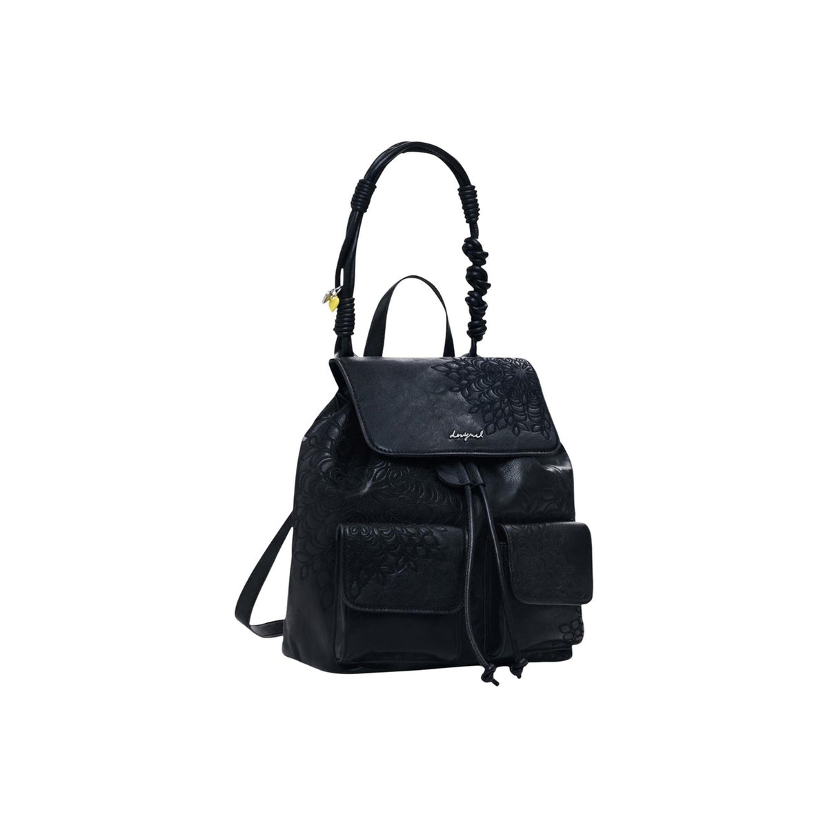 Image 2 : Détail surface gaufrée florale et breloques Desigual sur sac à dos noir femme — delvale