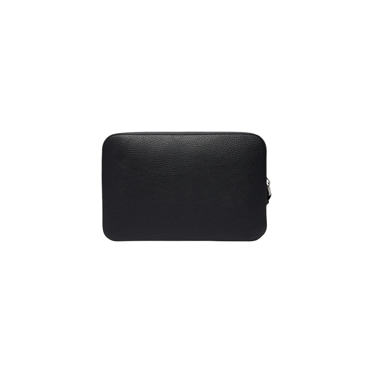 Image 2 : Détail du badge Tommy Hilfiger en relief et fermeture zippée gunmetal sur la pochette cuir grainé noir — Delvale