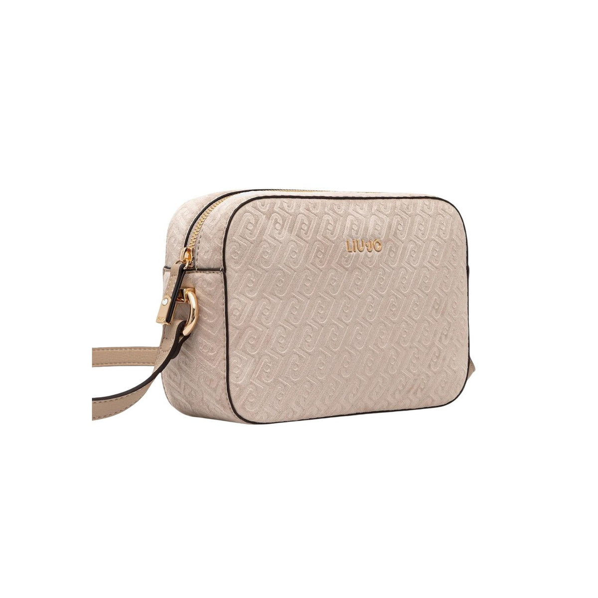 Image 2 : Sac bandoulière Liu Jo compact motif monogramme beige, fermeture éclair dorée et logo Liu Jo en relief — Delvale