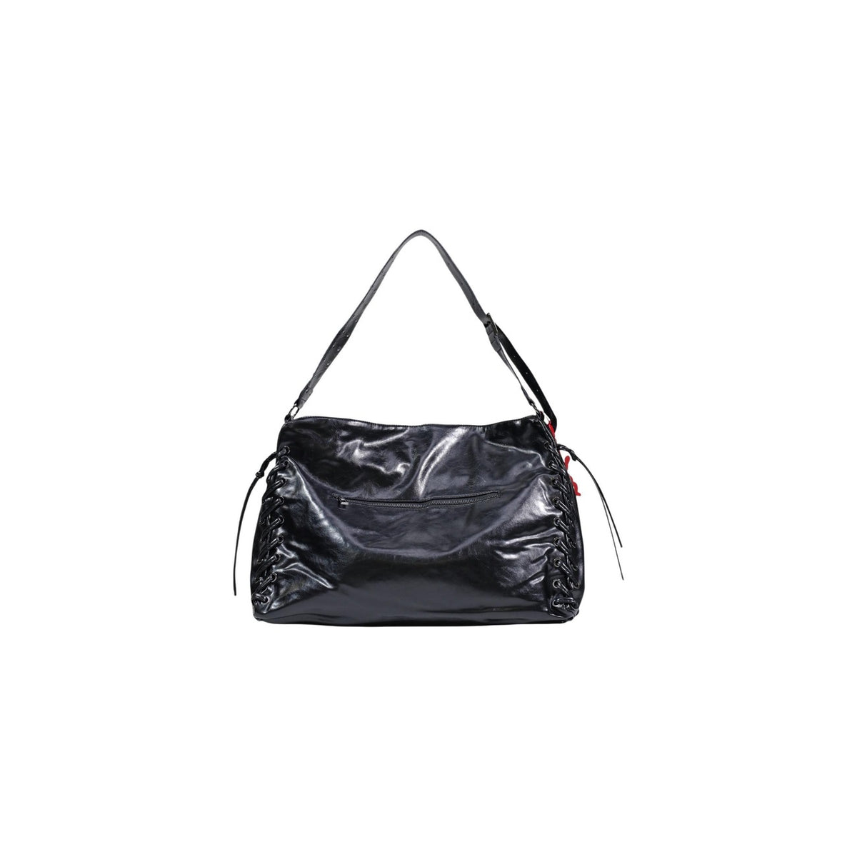 Image 3 : Desigual grand sac hobo femme noir verni froissé lacets latéraux œillets poche dos zip — vue dos — Delvale