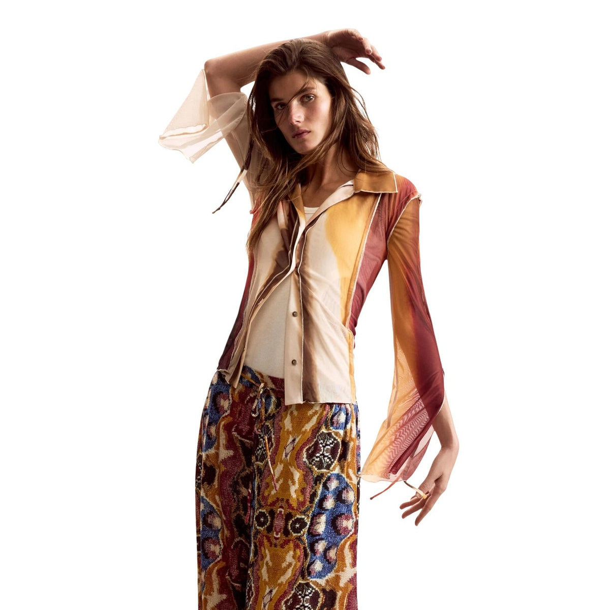 Image 1 : Chemise Desigual femme beige à motifs colorés, manches longues et col classique — Delvale