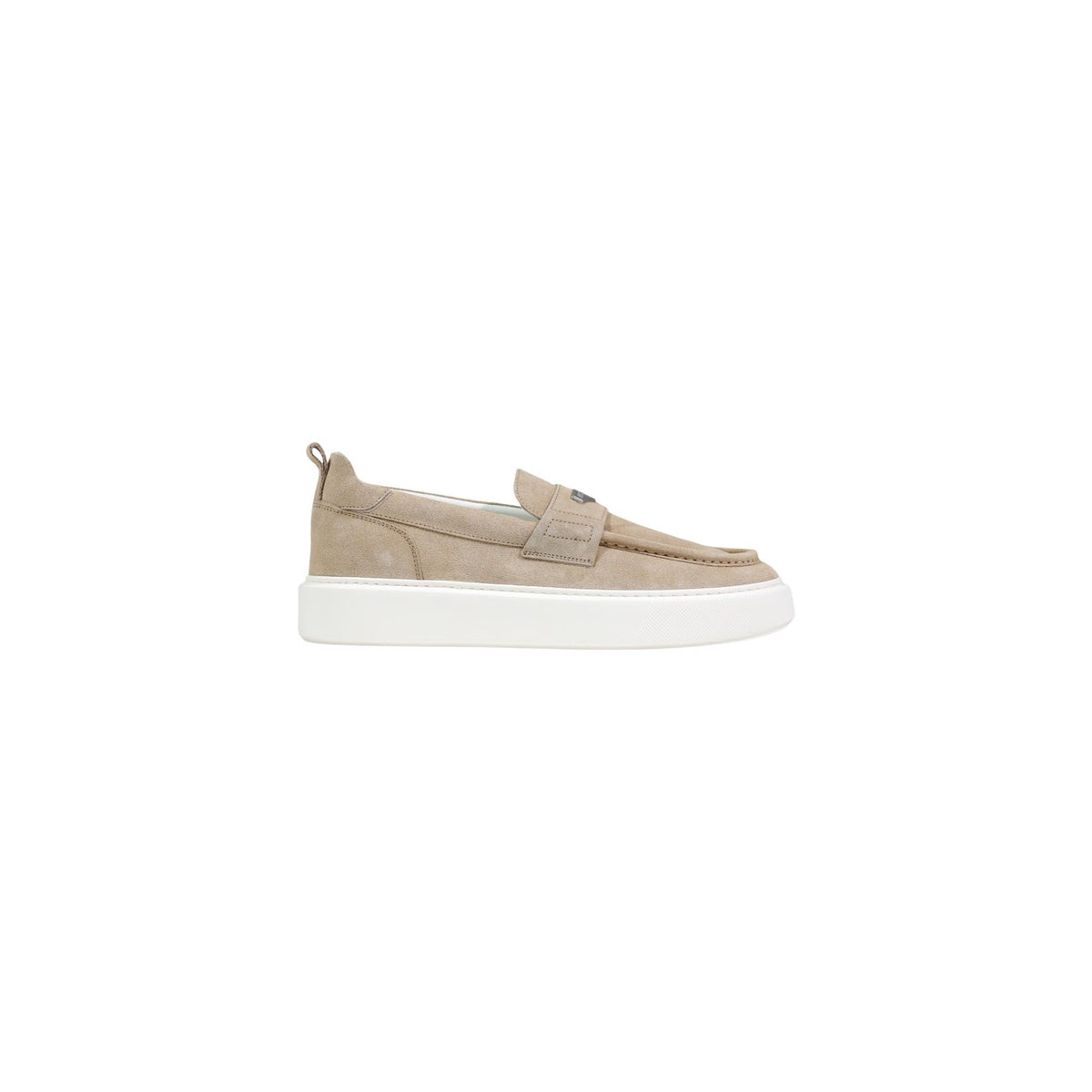 Vue latérale du mocassin Antony Morato Rowan homme en daim beige avec semelle blanche plateforme