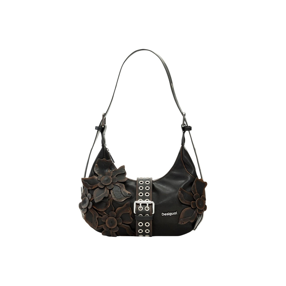 Image 1 : Sac hobo Desigual marron avec appliques florales en relief sculptural — delvale