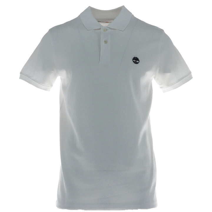 Image 1 : Polo homme Timberland blanc à manches courtes avec logo arbre brodé marine sur la poitrine gauche, vue de face — Delvale