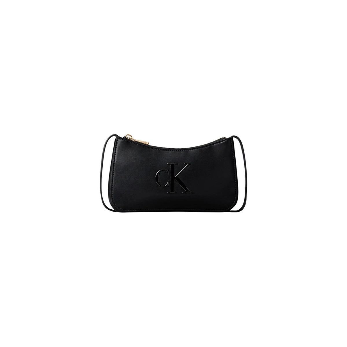Image 1 : Sac baguette Calvin Klein noir de face, monogramme CK gaufré et zip doré sur fond blanc — Delvale